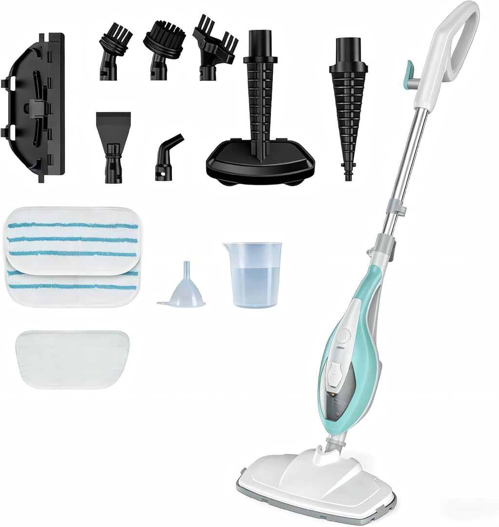 10-in-1 Steam Mop, 1550W Detachable Handheld Steam Cleaner for Floor Cleaning, 16FT Cord, 2 Washable Pads, Multi-Purpose Floor Steamer for Hardwood, Carpet, Tile, Grout, Windows, Black Grey