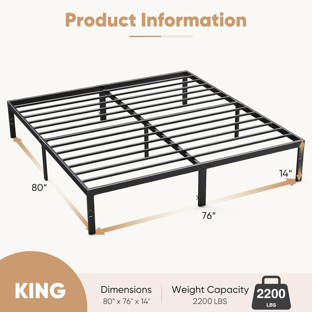 King Size Bed Frame - Metal Platform Bed Frames Mattress Foundation with Steel Slat Support, No Box Spring Needed, Storage Space Under Base, Easy Assembly, Black