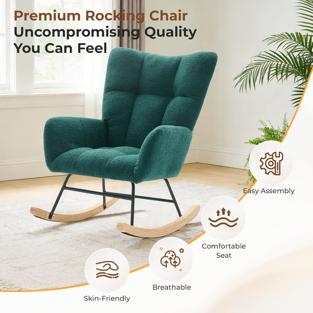 Nursery Rocking Chair Teddy Upholstered, Comfy Glider Rocker with High Backrest Armchair Padded Seat, Accent Side Chair for Living Room Bedroom Offices Small Spaces Indoor, Green
