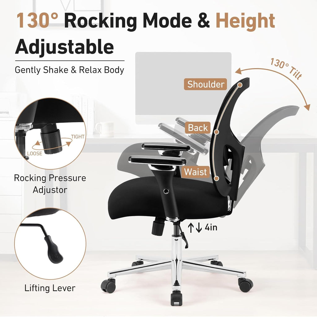 Ergonomic Home Office Desk Chair - Heavy Duty Mid Back with Lumbar Support & 4D Armrest, Height Adjustable Mesh Computer Gaming with Backrest & Swivel Wheels, Dark