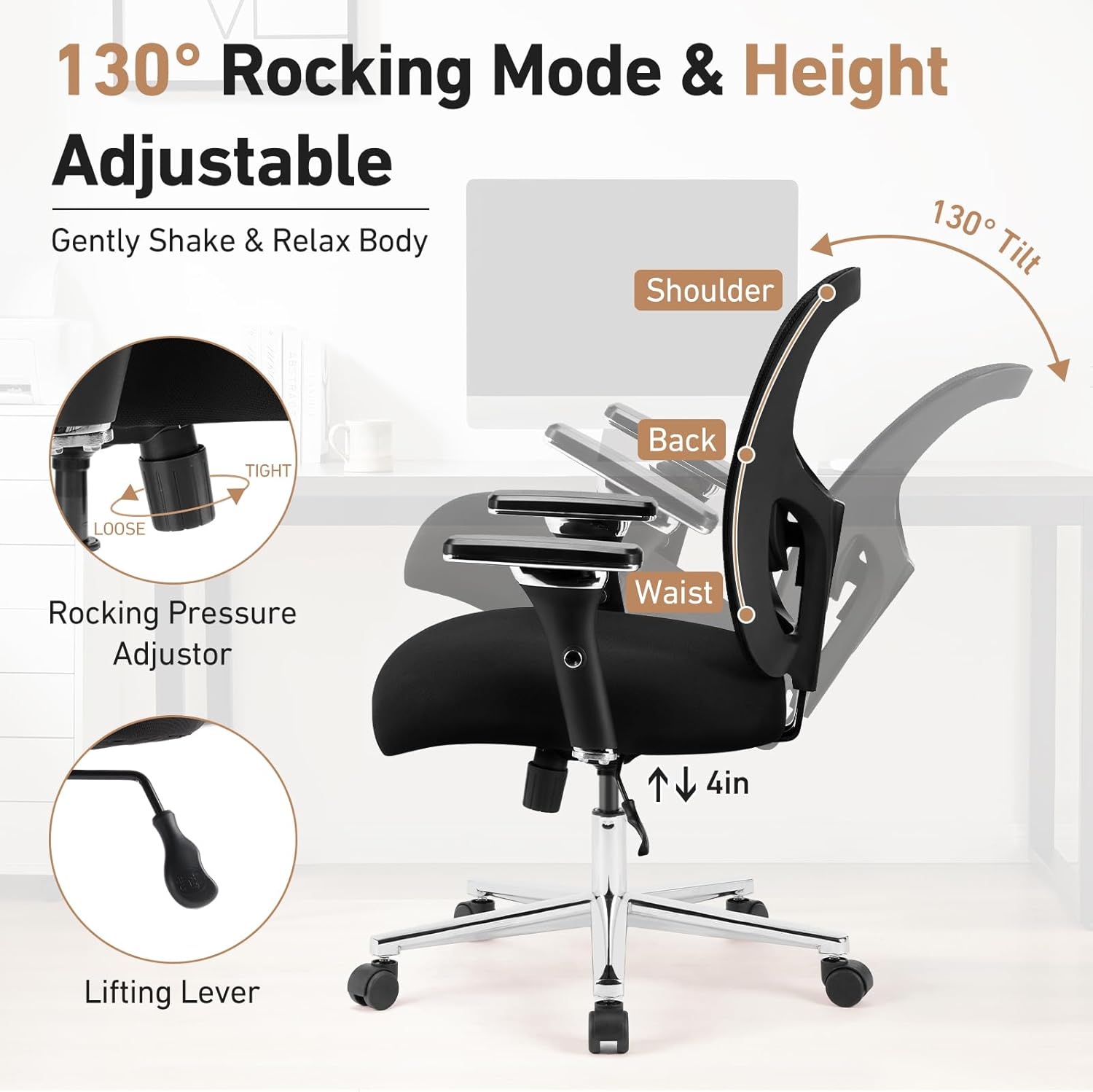 Ergonomic Home Office Desk Chair - Heavy Duty Mid Back with Lumbar Support & 4D Armrest, Height Adjustable Mesh Computer Gaming with Backrest & Swivel Wheels, Dark