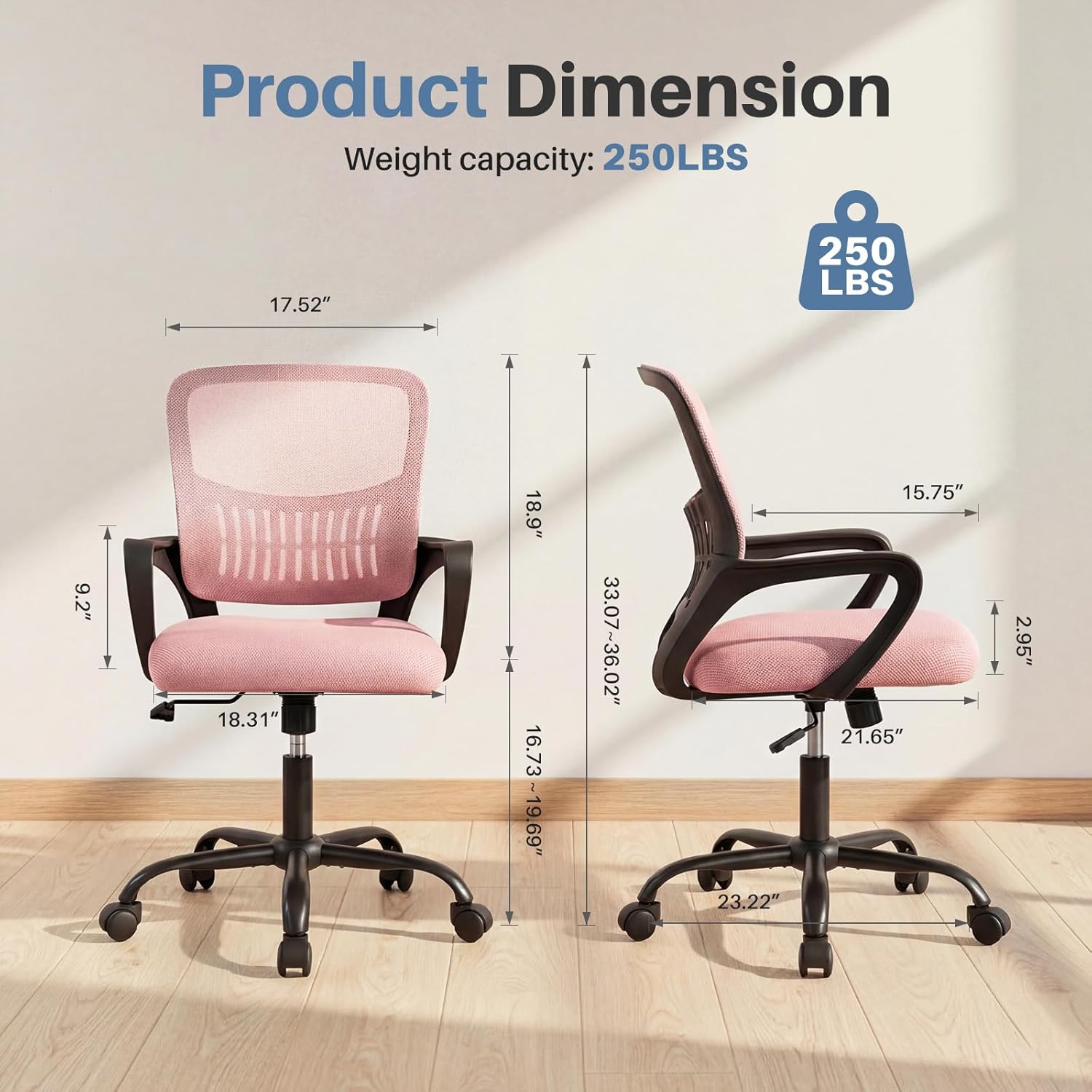 Home Office Chair - Ergonomic Mid Back Mesh Desk Chair with Lumbar Support & Rocking Mode, Height Adjustable with Fixed Armrest, for Conference, Computer, 360?? Swivel, Adults, Pink