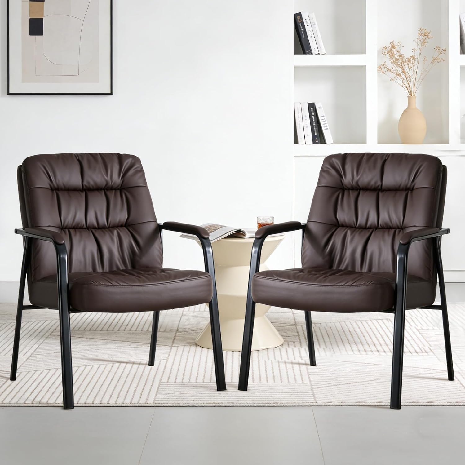 Waiting Room Guest Chair Set of 6, Leather Ergonomic Office Desk Reception Chair No Wheels with Padded Armrest for Conference Lobby Medical Waiting Area Bedroom, Black