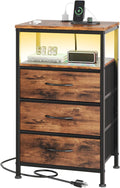 Nightstand with Charging Station, 3-Drawer Bedside Table with USB Ports & Type-C, Bedroom Night Stand with Fabric Drawers and Open Shelf, Tall Narrow End Table for Small Bedroom, Rustic Brown