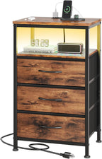 Nightstand with Charging Station, 3-Drawer Bedside Table with USB Ports & Type-C, Bedroom Night Stand with Fabric Drawers and Open Shelf, Tall Narrow End Table for Small Bedroom, Rustic Brown