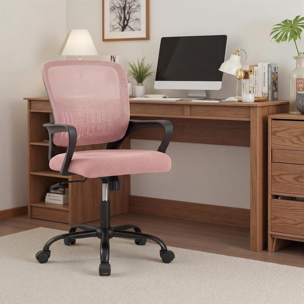 Home Office Chair - Ergonomic Mid Back Mesh Desk Chair with Lumbar Support & Rocking Mode, Height Adjustable with Fixed Armrest, for Conference, Computer, 360?? Swivel, Adults, Pink