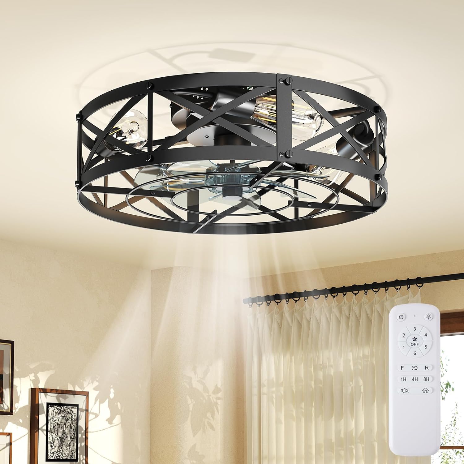 Ceiling Fans with Remote, Farmhouse Ceiling Fan, 19 Inch Low Profile Caged Fandelier, Flush Mount with 6 Wind Speeds, for Bedroom, Kitchen, Living Room, Bulbs Not Included, Gold