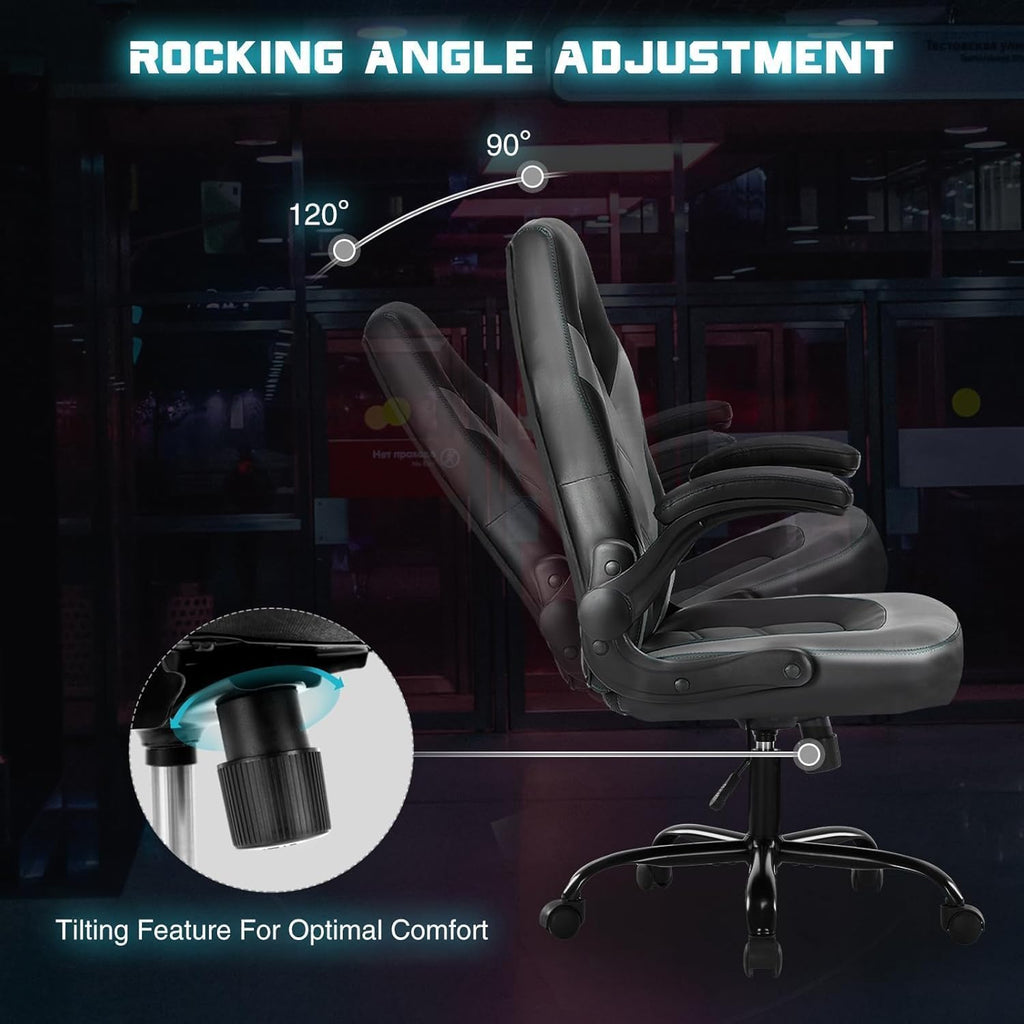 Ergonomic Computer Gaming Chair with Flip-up Armrest, Height Adjustable PU Leather Home Office Desk Chair with Lumbar Support Swivel Wheels and for Adults and Kids, Black and Gray