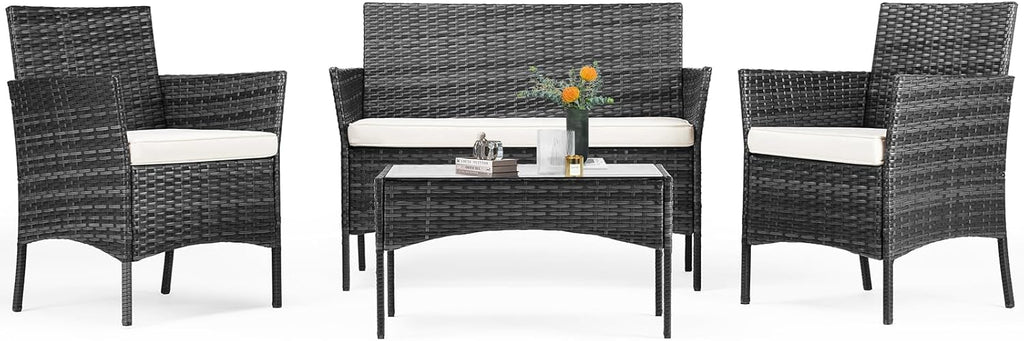 Patio Furniture Set 4 Pieces, Outdoor Furniture with Soft Cushion and Glass Table, All Weather Manual Weaving Wicker Rattan Patio Chairs for Garden, Terrace, Porch, Lawns,Black
