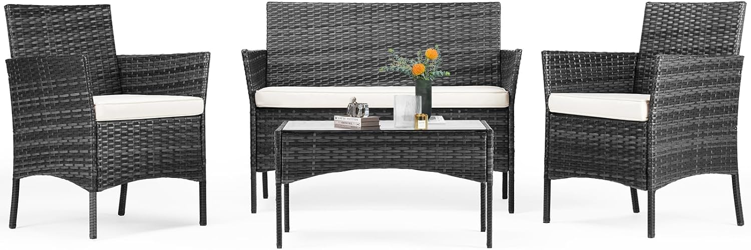 Patio Furniture Set 4 Pieces, Outdoor Furniture with Soft Cushion and Glass Table, All Weather Manual Weaving Wicker Rattan Patio Chairs for Garden, Terrace, Porch, Lawns,Black