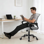 Office Desk Chair - Ergonomic Mid Back with Lumbar Support & Rocking Mode, Height Adjustable with Fixed Armrest, Storage Back for Computer, Gaming, Conference, Meeting Room, 360?? Swivel, Grey
