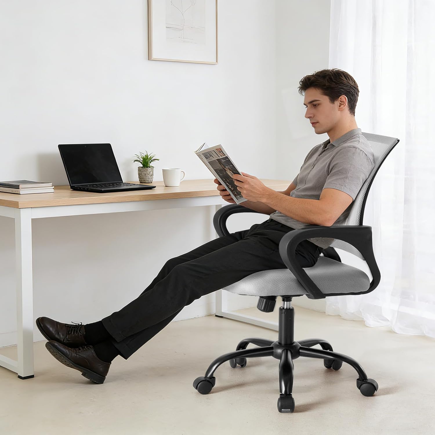 Office Desk Chair - Ergonomic Mid Back with Lumbar Support & Rocking Mode, Height Adjustable with Fixed Armrest, Storage Back for Computer, Gaming, Conference, Meeting Room, 360?? Swivel, Grey