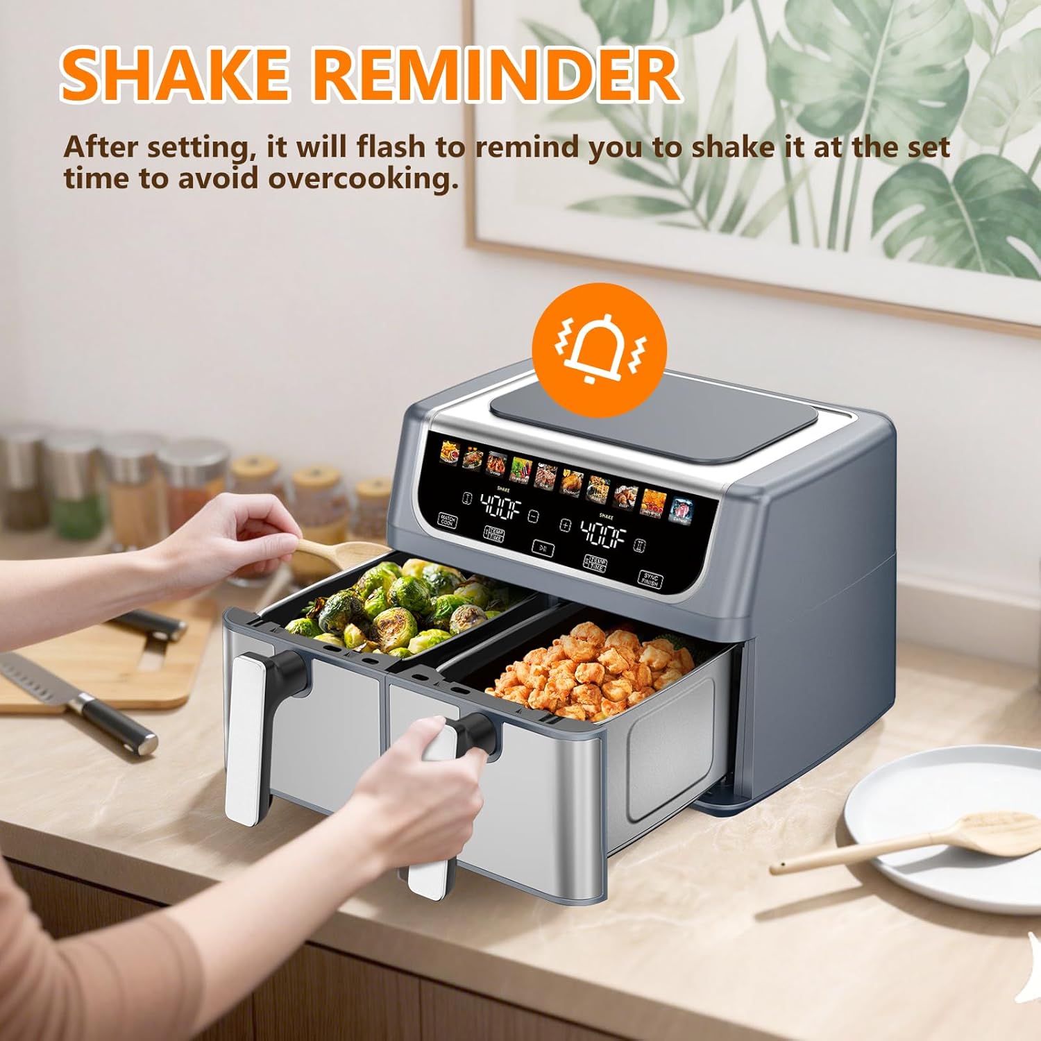 Dual Basket Air Fryer, 9.5 Quart Large Air Fryer with Double Basket, Independent TEMP Control, Sync Setting, Shake Reminder, 10 Presets for Bake, Broil, Defrost, Dehydrate, Grey