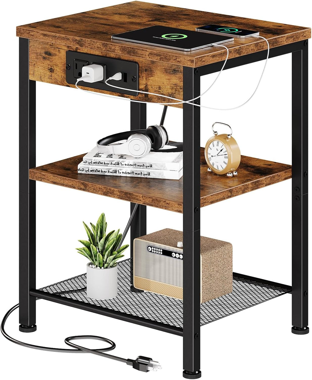 15.7 Small Side Table Set of 2 with Charging Station, End Table with Outlets & USB Ports, 3-Tier Adjustable Nightstand for Living Room, Bedroom, Small Spaces, Record Player Stand, Rustic Brown