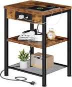 15.7 Small Side Table Set of 2 with Charging Station, End Table with Outlets & USB Ports, 3-Tier Adjustable Nightstand for Living Room, Bedroom, Small Spaces, Record Player Stand, Rustic Brown