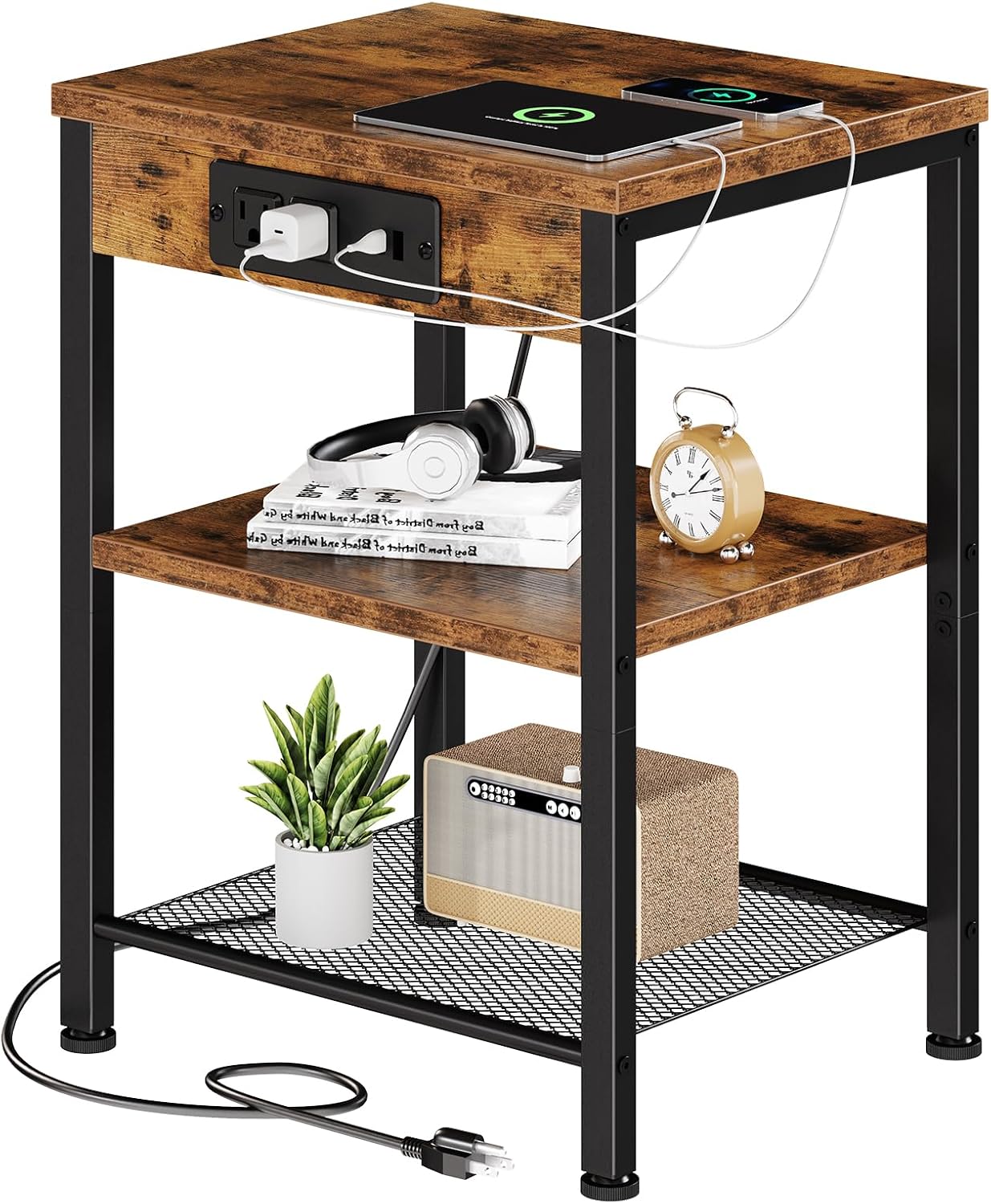 15.7 Small Side Table Set of 2 with Charging Station, End Table with Outlets & USB Ports, 3-Tier Adjustable Nightstand for Living Room, Bedroom, Small Spaces, Record Player Stand, Rustic Brown