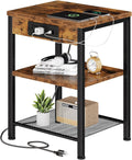 15.7 Small Side Table with Charging Station, End Table with Outlets & USB Ports, 3-Tier Adjustable Storage Nightstand for Living Room, Bedroom, Small Spaces, Record Player Stand, Rustic Brown