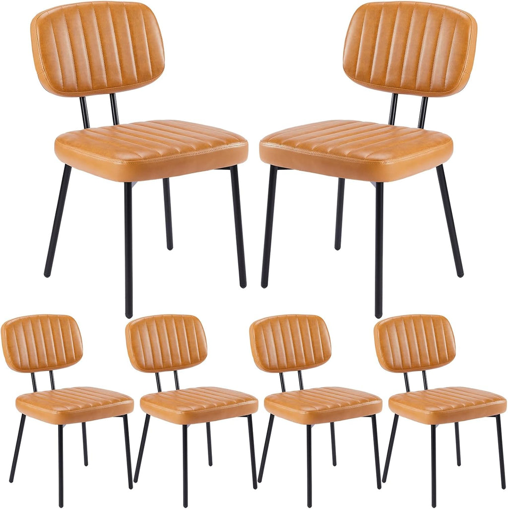 Dining Chairs Set of 6, Upholstered Mid-Century PU Leather Accent Chair with Backrest and Metal Legs for Kitchen, Living Room, Brown