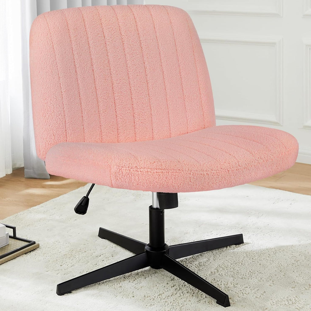 Criss Cross Chair No Wheels, Legged Office Desk Armless Chair Wide Seat, Adjustable Swivel Teddy Fabric Task Vanity Chairs for Home Bedroom, Beige
