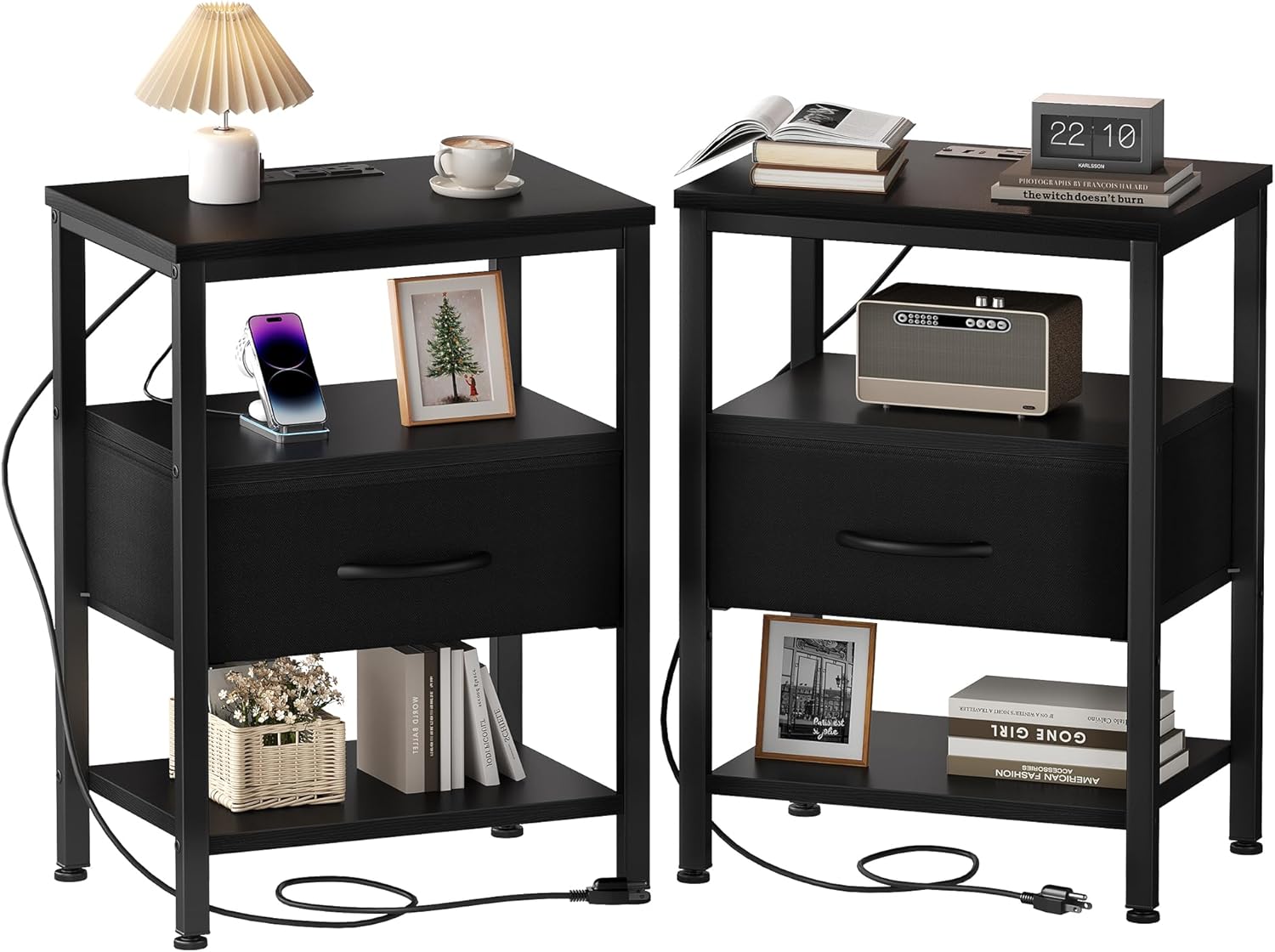Nightstand with Charging Station, Bedside Tables with USB Ports and Fabric Drawer, Small Night Stand with Open Adjustable Shelf, Compact End Table for Bedroom, Black & Rust