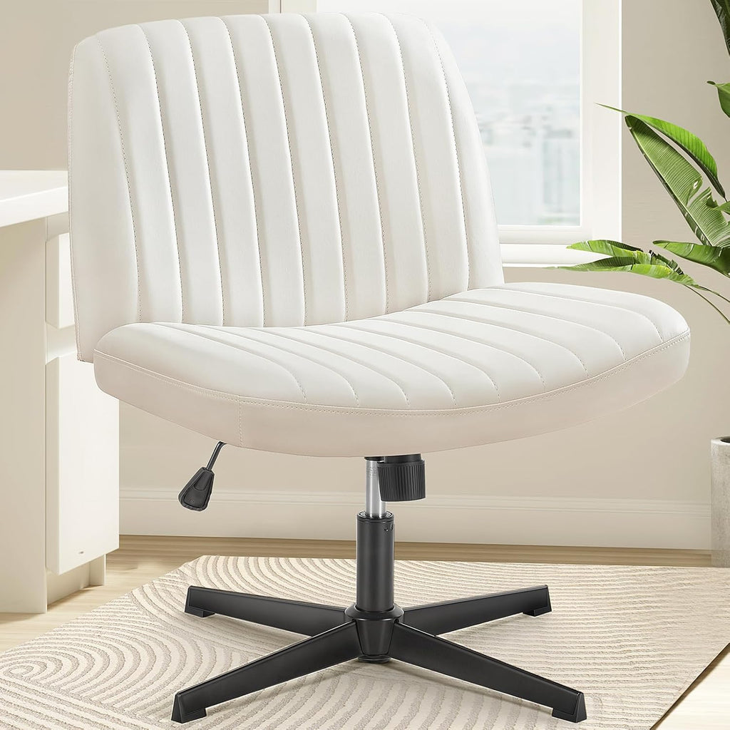 Criss Cross Chair with Wheels Wide Cross Legged Office Desk Vanity Chair Comfy Fabric Armless Adjustable Swivel for Home Computer Task PU Black