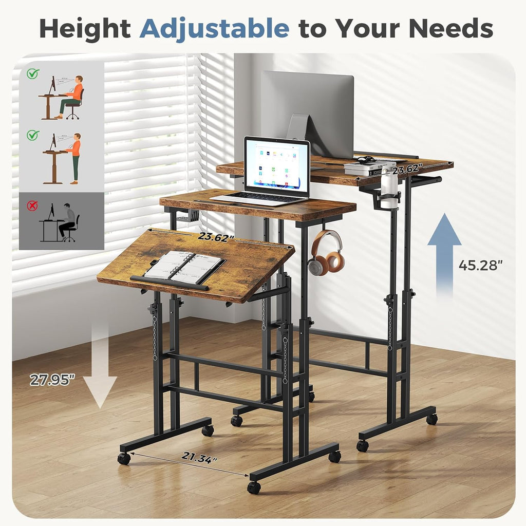 Split Top Rolling Standing Desk, 23.6 Inch Mobile Laptop Computer Desk, Manual Adjustable Height Workstation on Wheels, Sit Stand Office Table, Walking Pad Study Desk, Rustic Brown