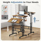 Split Top Rolling Standing Desk, 23.6 Inch Mobile Laptop Computer Desk, Manual Adjustable Height Workstation on Wheels, Sit Stand Office Table, Walking Pad Study Desk, Rustic Brown