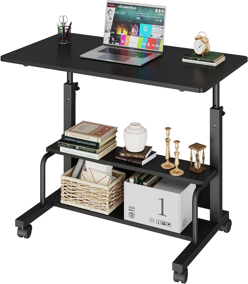 31.5 Manual Standing Desk, Height Adjustable Mobile Computer Desk with Lockable Wheels & 2-Tier Storage, Rolling Laptop Table for Small Spaces & Home Office, White