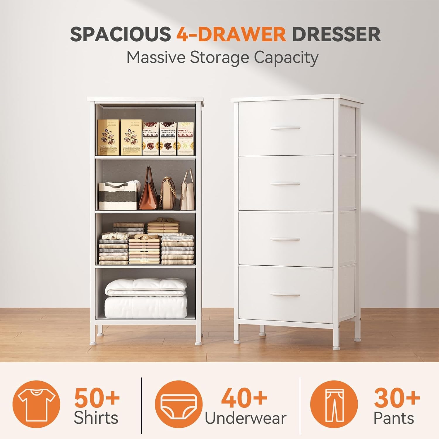 4 Fabric Drawer Small Dresser, Bedside Nightstand with Wooden Top Sturdy Frame, Entryway Closet Bedroom Storage Cabinet Furniture for Dorm,White