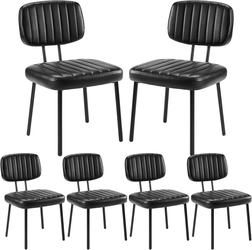 Dining Chairs Set of 6, Upholstered Mid-Century PU Leather Accent Chair with Backrest and Metal Legs for Kitchen, Living Room, Black