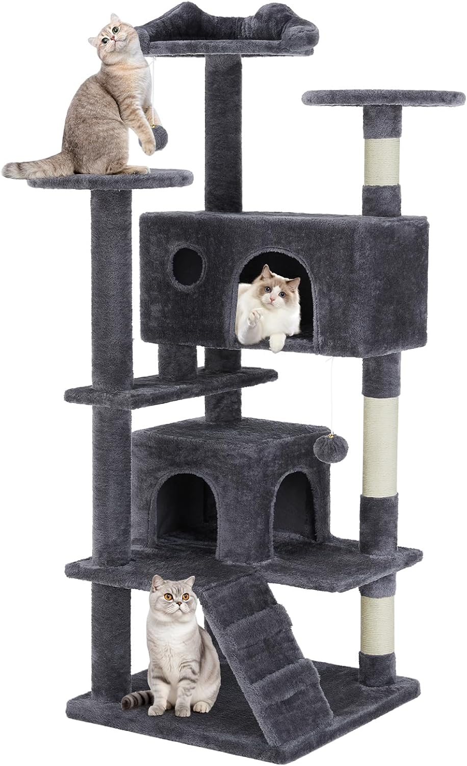 54-inch Indoor Cat Tree Tower ?CMulti-Level Pet House for Large Cats with 2 Condos, Scratching Posts, Round Platform, Small Ladder, and Toys, Beige