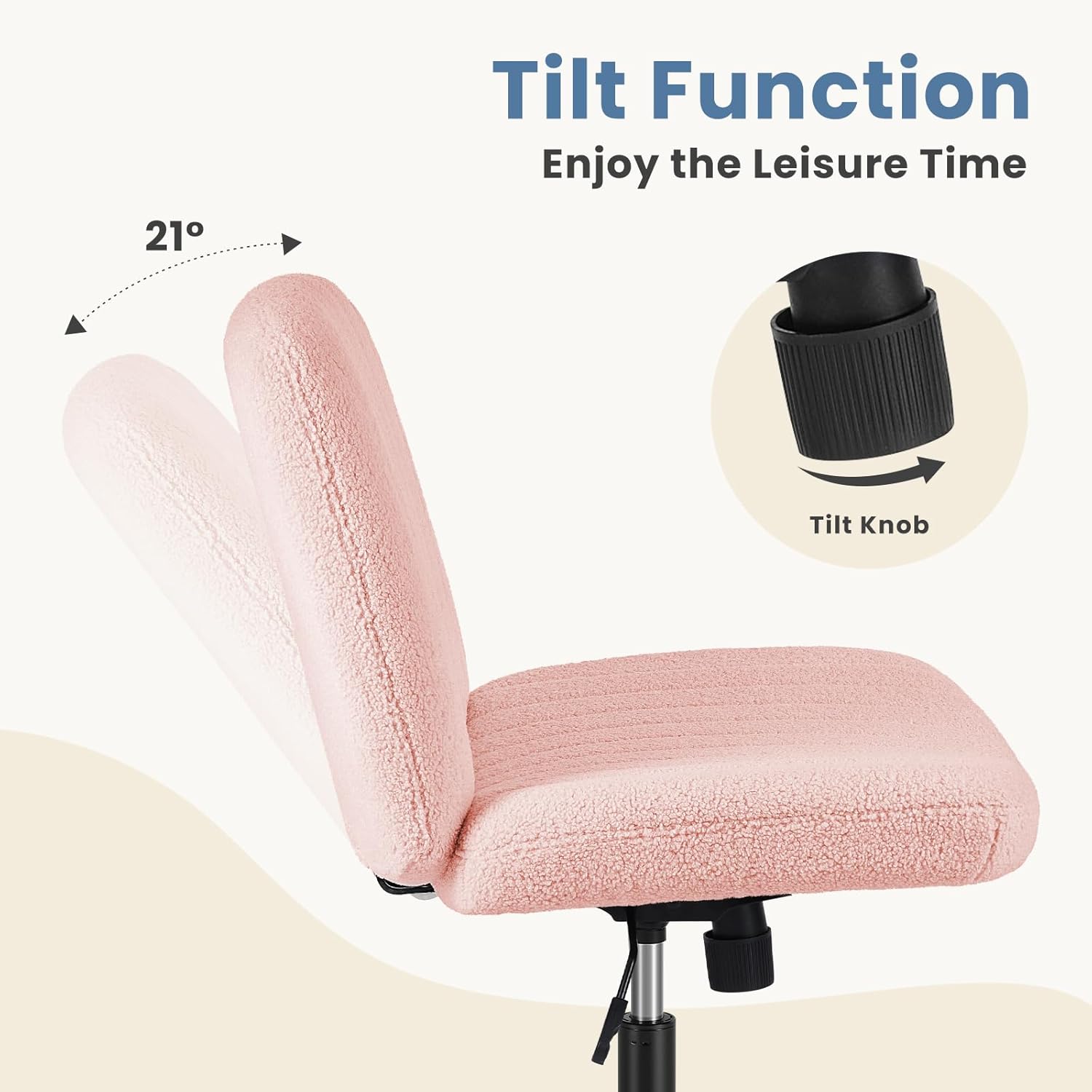 NEWBULIG Armless Office Desk Chair,Criss Cross Legged and Wide Padded Seat with Wheels, Adjustable Height and Tilted Angles,Swivel Rolling Task Vanity Chair for Bedroom,Peach Pink