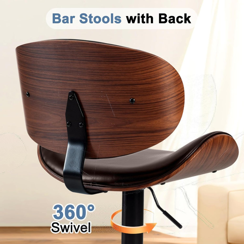 Swivel Bar Stools Set of 2, Adjustable Counter Height Bentwood BarStools, PU Leather Upholstery Bar Chair with Ergonomic Back and Footrest, Counter Stools for Bar, Home Kitchen Island, Brown