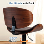 Swivel Bar Stools Set of 2, Adjustable Counter Height Bentwood BarStools, PU Leather Upholstery Bar Chair with Ergonomic Back and Footrest, Counter Stools for Bar, Home Kitchen Island, Brown