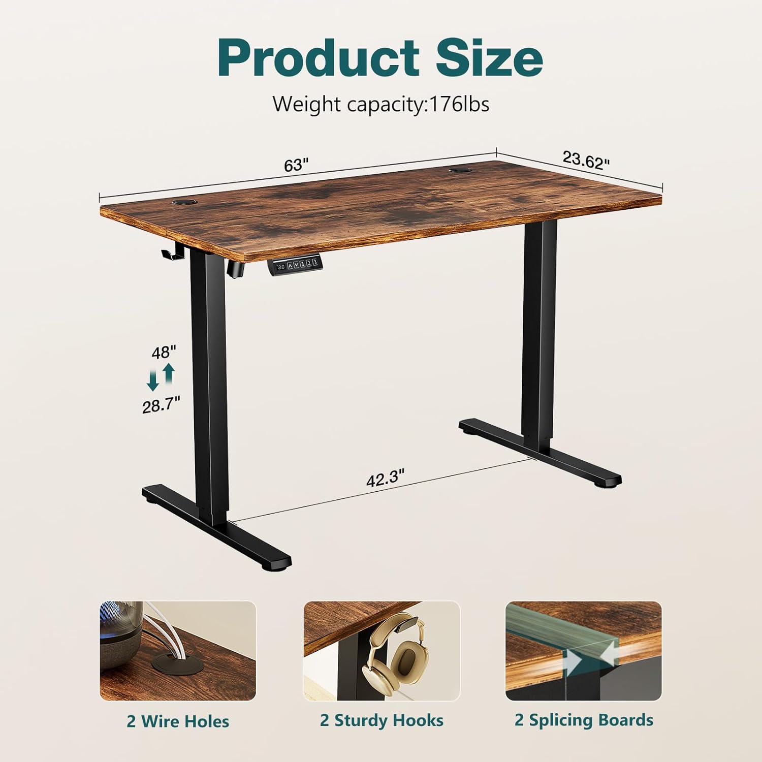 Electric Standing Desk Adjustable Height, 63x24 Inch Sit Stand Up Home Office Desks Memory Computer Workstation PC Work Table with Preset Splice Wood Board Metal Frame, Rustic