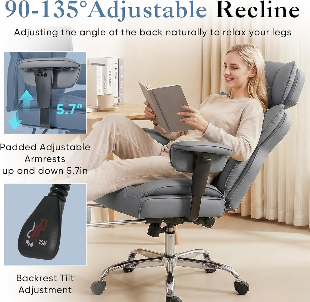 Big and Tall Home Office Desk Chair, Gaming Computer Chair, Executive Ergonomic Chair with Footrest, High Back Reclining, Adjustable Armrests and Comfy Lumbar Support, PU Leather, Grey