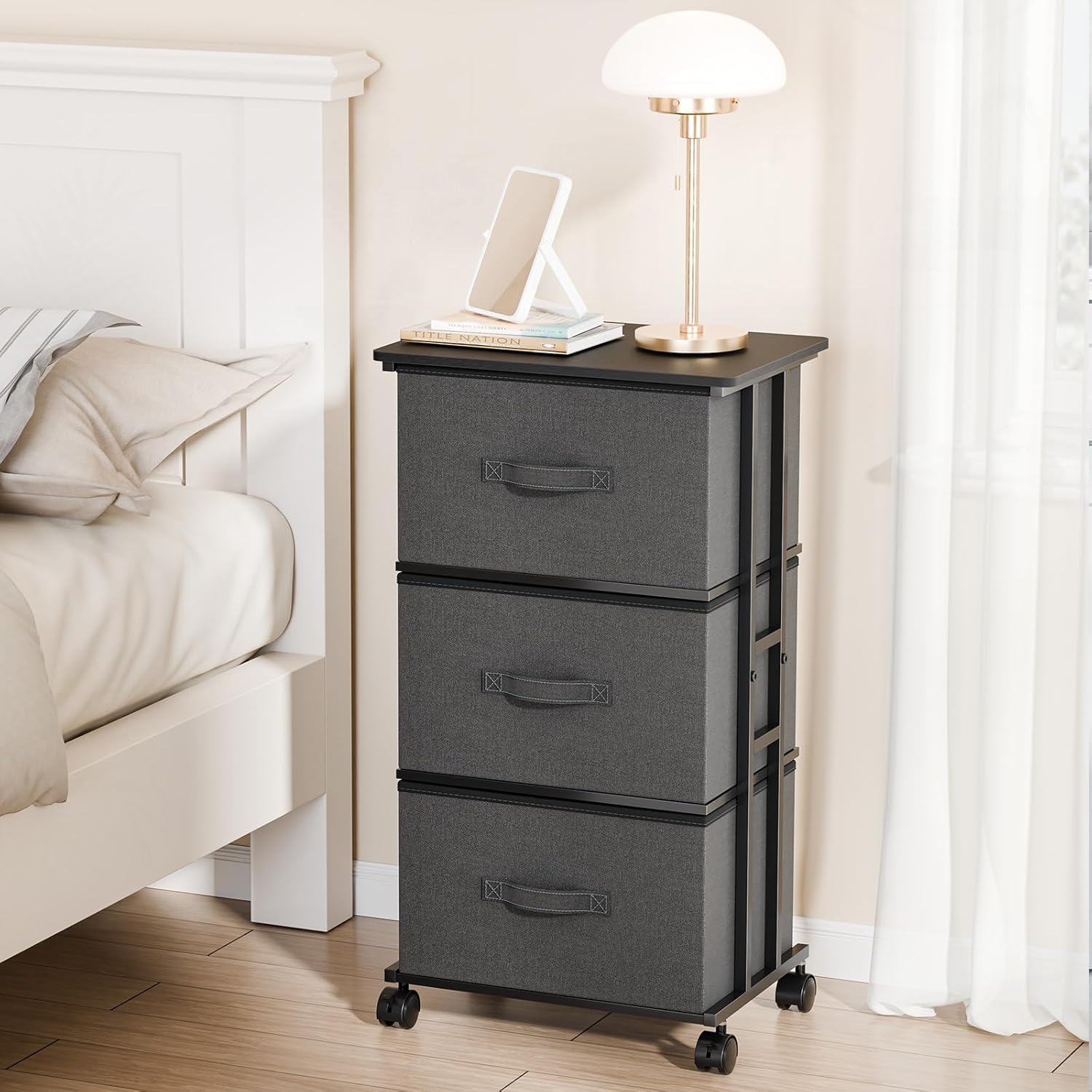 3 Drawer Fabric Dresser with Wheels, Storage Cabinet Organizer with Removable Drawers, Rolling Chest with Steel Frame for Bedroom, Closet, Living Room, Entryway, Grey