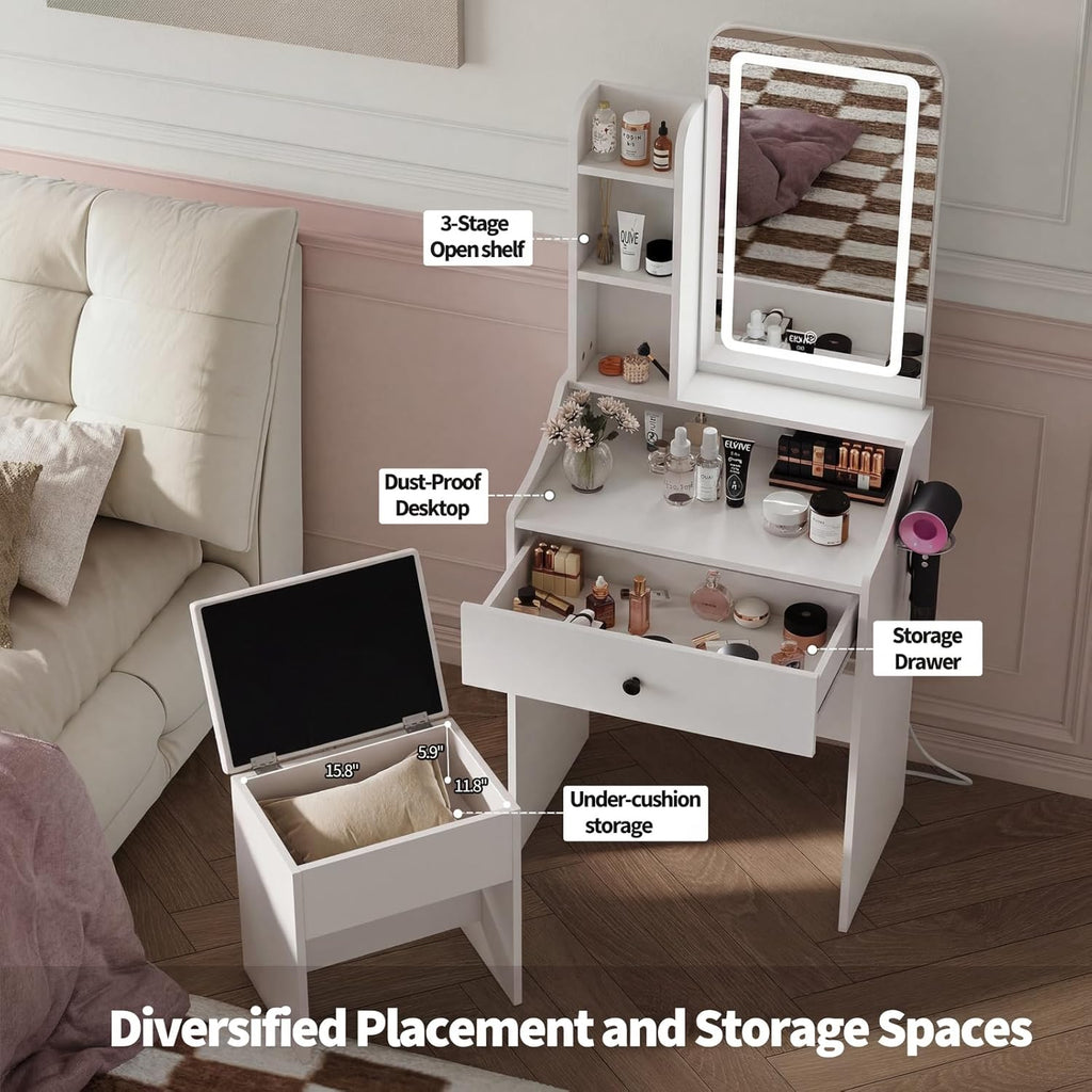 Makeup Vanity Desk, Vanity Table Set with Mirror and Lights, Small Vanity with Storage Bench, Charging Station and Hair Dryer Holder, Dressing Table with Drawer and Three Shelves, White