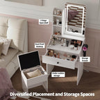 Makeup Vanity Desk, Vanity Table Set with Mirror and Lights, Small Vanity with Storage Bench, Charging Station and Hair Dryer Holder, Dressing Table with Drawer and Three Shelves, White