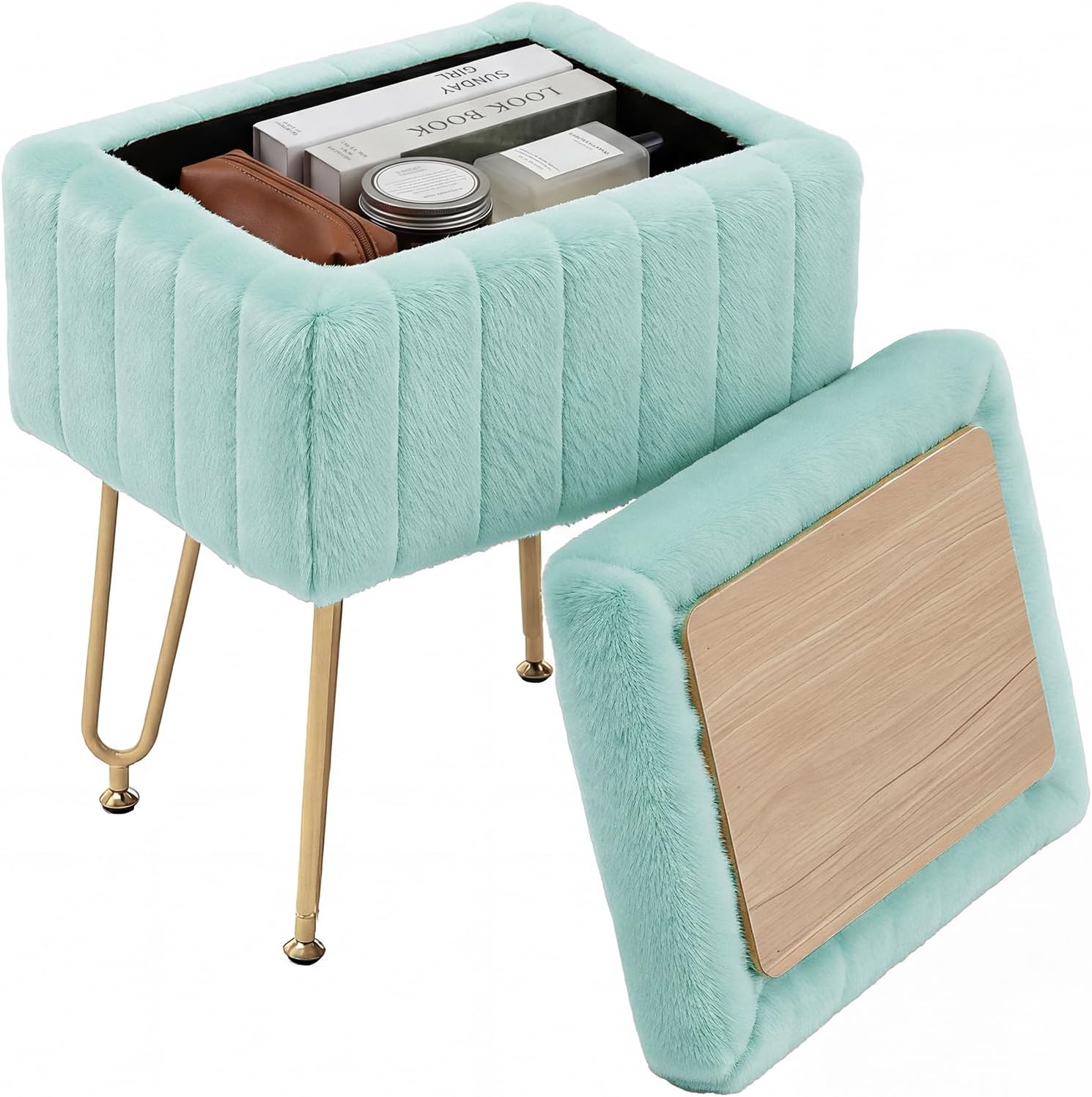 Vanity Stool Chair, Ottoman with Storage, Makeup Cute Soft Small Footstool, Modern Style Faux Fur Seat with 4 Metal Legs & Adjustable Feet for Dressing, Living Room Bedroom Dorm, Camel