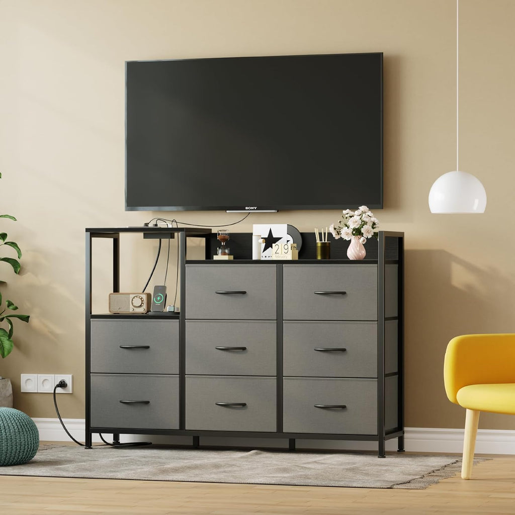 TV Stand Dresser with 8 Fabric Drawers & Open Shelves, TV Stand for Up to 45 inch TV with Wooden Top, Entertainment Center with Charging Station for Living Room, Hallway, Grey