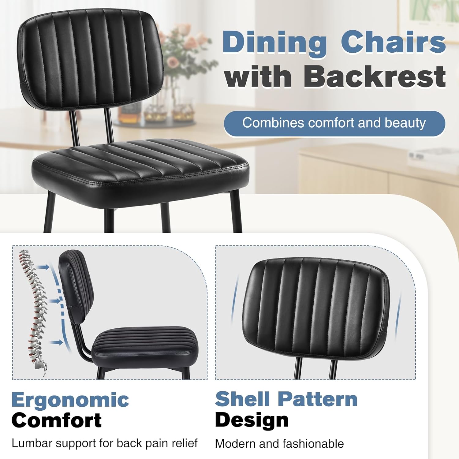 Dining Chairs Set of 6, Upholstered Mid-Century PU Leather Accent Chair with Backrest and Metal Legs for Kitchen, Living Room, Black