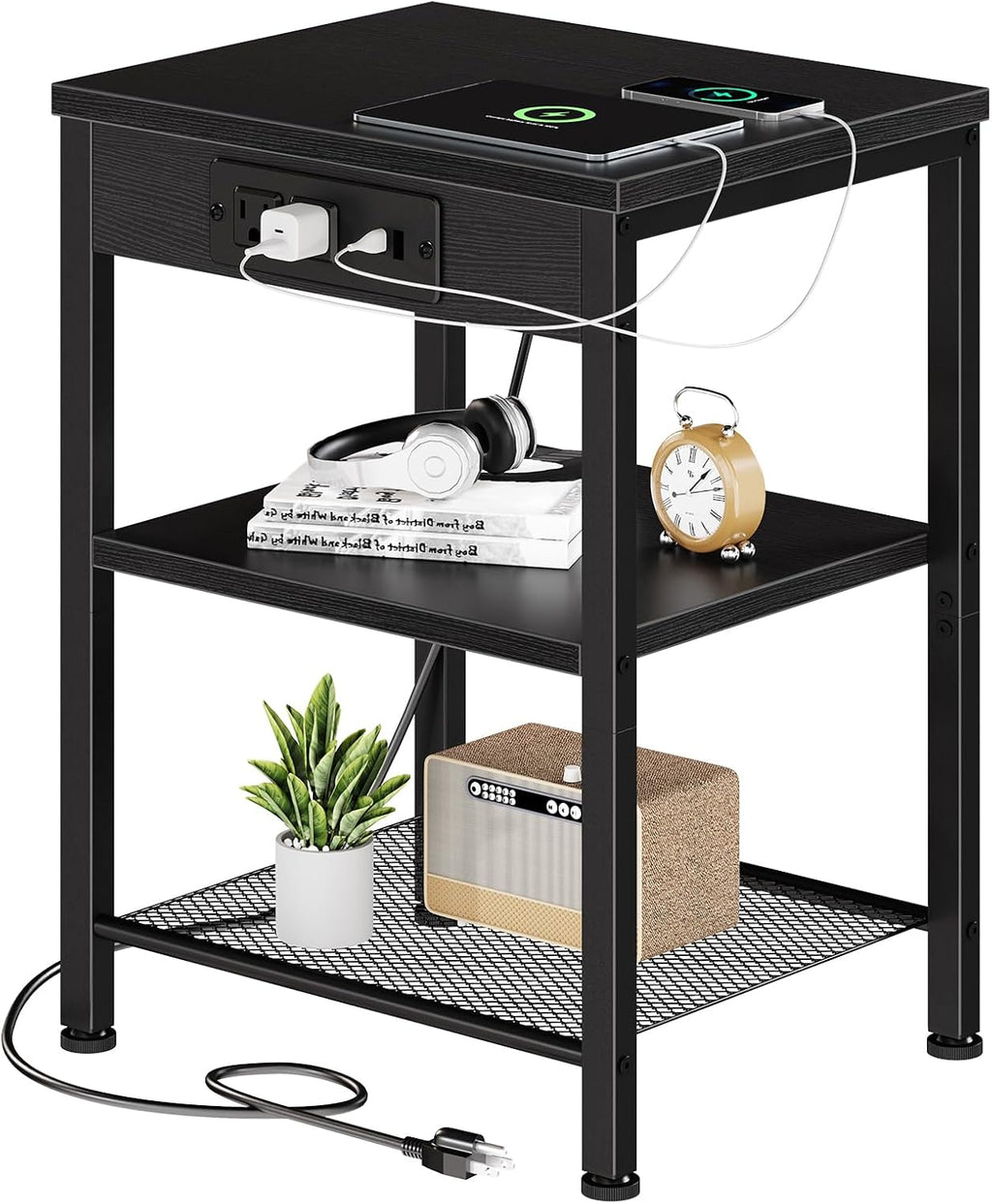 15.7 Small Side Table with Charging Station, End Table with Outlets & USB Ports, 3-Tier Adjustable Storage Nightstand for Living Room, Bedroom, Small Spaces, Record Player Stand, Rustic Brown