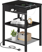 15.7 Small Side Table with Charging Station, End Table with Outlets & USB Ports, 3-Tier Adjustable Storage Nightstand for Living Room, Bedroom, Small Spaces, Record Player Stand, Rustic Brown