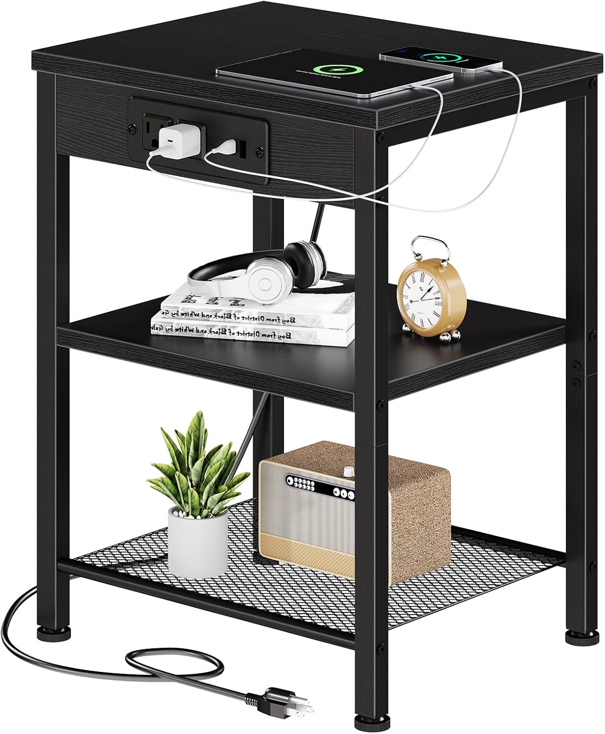 15.7 Small Side Table Set of 2 with Charging Station, End Table with Outlets & USB Ports, 3-Tier Adjustable Nightstand for Living Room, Bedroom, Small Spaces, Record Player Stand, Rustic Brown