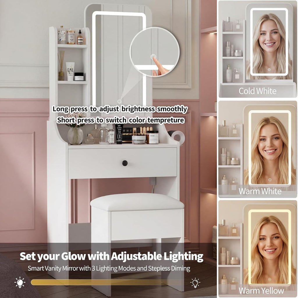 Makeup Vanity Desk, Vanity Table Set with Mirror and Lights, Small Vanity with Storage Bench, Charging Station and Hair Dryer Holder, Dressing Table with Drawer and Three Shelves, White