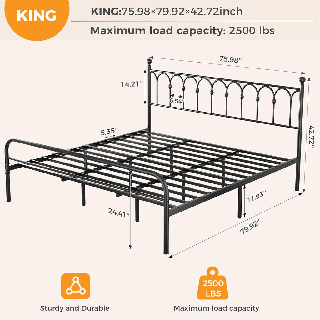 King Bed Frame Heavy Duty Metal Platform with 11.9 Under-Bed Storage, No Box Spring Needed, Easy Assembly, Black