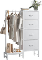 Dresser with Hanging Rack, 4-in-1 White Fabric Dresser for Bedroom, Closet Organizer with Clothes Rack, Shoe Rack & Hooks, Tall Storage Tower for Small Spaces, Apartment, Dorm, Entryway