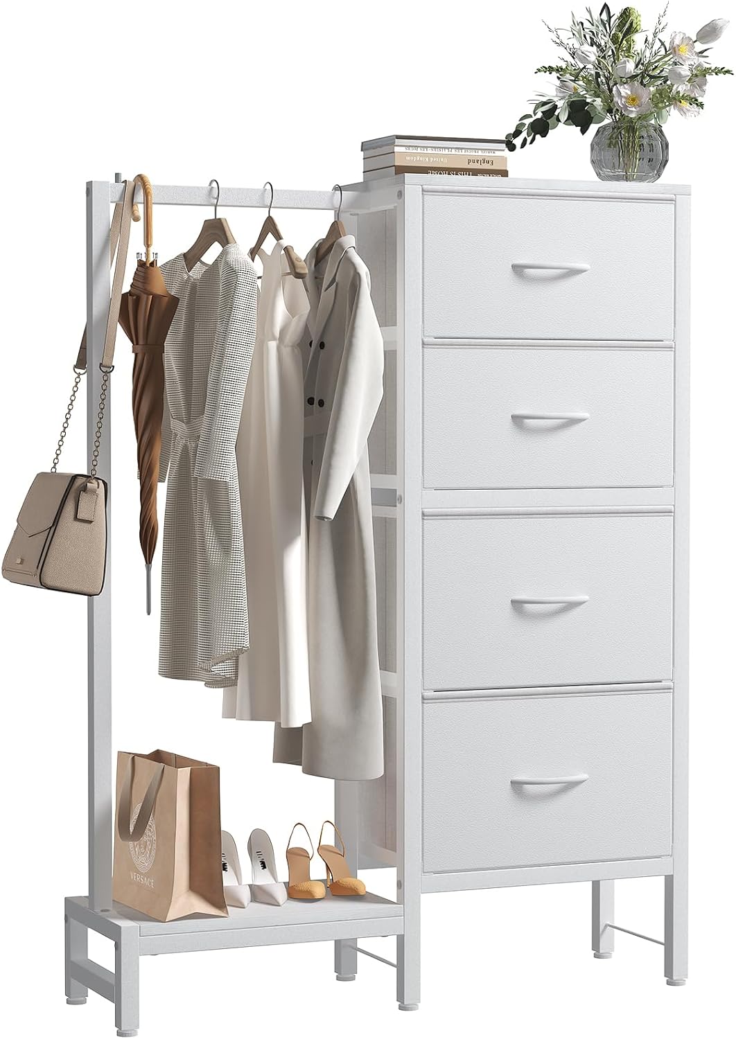 Dresser for Bedroom with Hanging Rack, 6 Drawer Fabric Dresser with Charging Station and LED Lights, Closet Organizer & Storage Tower for Living Room, Entryway, Apartment, Pink