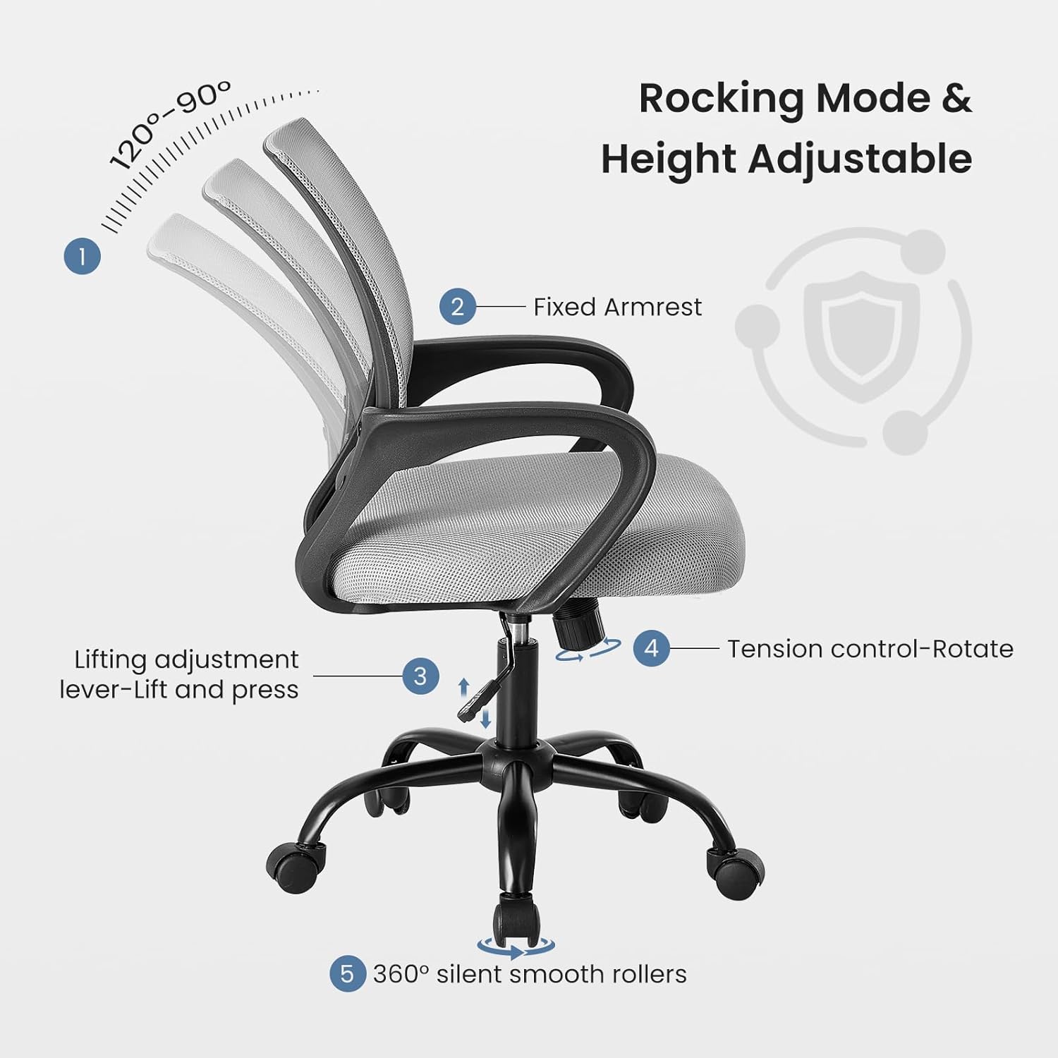 Office Desk Chair - Ergonomic Mid Back with Lumbar Support & Rocking Mode, Height Adjustable with Fixed Armrest, for Home, Computer, Gaming, Conference, Meeting Room, 360?? Swivel, Grey, 2 Pack